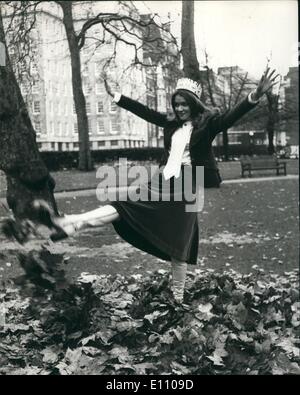 Nov. 11, 1974 - Miss United Kingdom is Miss World '74: 22 year old unmarried mother, Helen Morgan, a freelance model from Barry, Glamorgan, as Miss United Kingdom, last night won the Miss World '74 title, at the Royal Albert Hall, London. Photo shows Helen Morgan Miss World, in high spirits as she kicked up the leaves the Grosvenor Square today. Stock Photo