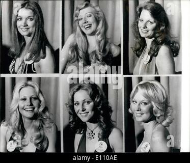 Nov. 11, 1974 - Favourites for the Miss World Contest. Six of the beauties who are favourites to win this year's Miss World Contest, which takes place on Friday at the Royal Albert Hall, London. (T to R - Top): Miss United Kingdom (Helen Morgan); Miss Norway (Torill Larsen); and Miss Australia (Gail Margaret Petith); L to R - Bottom): Miss South Africa (Anneline Kriel); Miss Israel (Lea Klein); and Miss Belgium (Anne Marie Sophie Sikorsky) Stock Photo