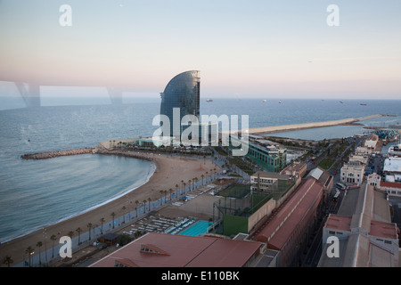 View of Barcelona's beach and W hotel Stock Photo