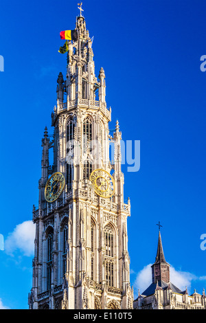 The Gothic spire of the Cathedral of Our Lady in Antwerp. Stock Photo