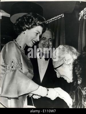 Nov. 22, 1974 - Queen meets Agatha Christie at Film Premier: Authoress Agatha Christie, 84, bows as she greets H.M. The Queen at the premiere of the film Murder on the Orient Express, based on the book by Miss Christie at the ABC Cinema, Shaftesbury Avenue last night. In centre is Nat Cohen, chairman of EMI. Stock Photo