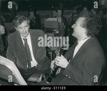 Jan. 01, 1975 - Birthday Concert for Sir Michael Tippett : British composer Sir Michael Tippett attended rehearsals for his 70th Birthday concert to be given tonight at the Queen Elizabeth Hall, and he is seen here (left) with British conductor Colin Davis, who will be conducting the London Sinfonietta Orchestra at the concert, following which a late night party will be held at the Royal Opera House, Covent Garden. Stock Photo