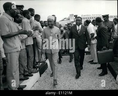 Apr. 04, 1975 - Sithole in Tanzania: The Rev. Ndabaningi Sithole, leader of the former Zimbabwe (Rhodesia) African National Union(ZANU), had been in prison and detention in Rhodesia for nearly eleven years before his release earlier in 1975. He had only been free for a few weeks, however, before the Smith regime put him back in detention on charges of allegedly plotting against his fellow-Nationalists. Sithole is only 55 years old, but sickness and continued political frustrations have prematurely aged him. He is the holder of a BA degree and an ordained Methodist minister Stock Photo