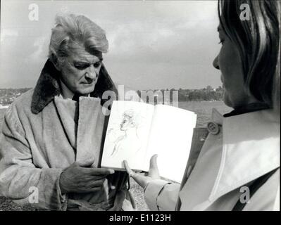 Apr. 14, 1975 - Jean Marais Biography Presented in Geneva. Famous french film and scene actor Jean Marais presented in Geneva his autobiography ''Histoires de ma vie'' containing unedited letters, drawings and poems of Jean Marais. Ops: In this book a portrait of Jean Marais by the author's greatest friend, the late poet Jean Cocteau. Stock Photo