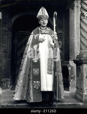 Jan. 23, 1975 - Eve Of Enthronement Pictures f The New Archbishop Of Canterbury -0 Dr. Donald Coggan: There was a special invitation today to photograph Dr. Donald Coggan, who will be enthroned tomorrow at an impressive ceremony in Canterbury Cathedral. Photo Shows Dr. Donald Coggan wearing his new Cope, Mitre and Stole the gift of the Dean and chapter of York Minister, which he will wear at tomorrow's enthronement ceremony. He is pictured in the grounds of the old Place, Canterbury, today. Stock Photo