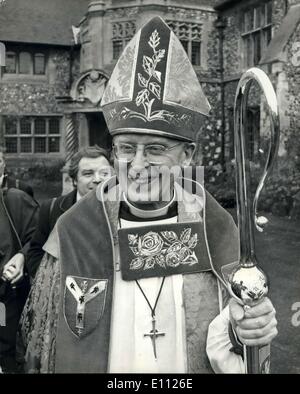 Jan. 23, 1975 - Eve Of Enthronement Pictures of The New Archbishop Of Canterbury Dr. Donald Coggan: There was a special invitation today to photograph Dr. Donald Coggan, who will be enthroned tomorrow at an impressive ceremony in Canterbury Cathedral. Photo Shows Dr. Donald Coggan wearing his new Cope, Mitre and Stole the gift of the Dean and chapter of York Minister, which he will wear at tomorrow's enthronement ceremony. He is pictured in the grounds of the old Place, Canterbury, today. Stock Photo