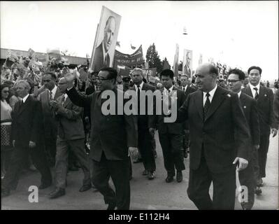 Jun. 06, 1975 - Kim Il Sung Visits Bulgaria: The first secretary of the Bulgarian Communist Part CC and President of the State Council of Bulgaria Todor Zhivkov and the secretary general of the CC of the Korean Workers' Party and president of the Korean People's Democratic Republic Kim Il Sung acknowldge the ovations of the citizen of Sofia at the airport of Sofia. Stock Photo