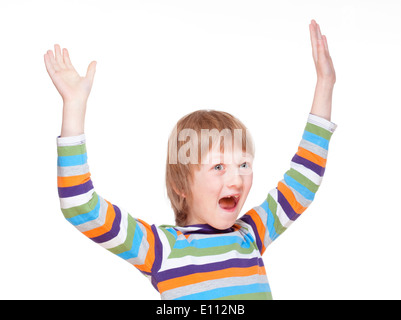 Boy Cheering with his Arms up - Isolated on White Stock Photo