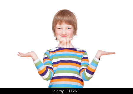 Boy Stretching out his Arms with Palms up, Looking, Smiling - Isolated on White Stock Photo