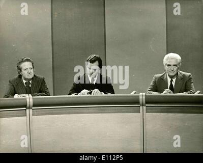 May 15, 1975 - Portugal: Dr. Mario Soares General Secretary of the Portuguese Socialist Party Lieutenant Ramiro Correia member of the revolutionary council party Dr. Alvaro Cunhal General Secretary of the Portuguese communist party on TV discussing economic, social and political problems of Portugal. Stock Photo