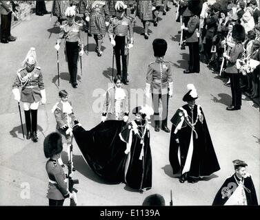 Jul. 07, 1975 - THE CEREMONIAL PROCESSION OF THE MOST NOBLE ORDER OF THE GARTER AT WINDSOR CASTLE The Queen and the Duke of Edinburgh with other members of the Royal Family, today took part in the Ceremonial Order of the Garter ceremony in Windsor Castle. PHOTO SHOWS: W.H. the QUEEN with the DUKE of EDINBURGH walking in procession to St. George's Chapel in Windsor Castle for today;s Garter Service. Stock Photo