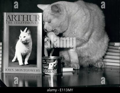 Oct. 10, 1975 - Arthur the T.V. Cat has a book published: Arthur the television cat today added one more accomplishment to his story of success. He has just had his life story published and today he was available to ''autograph'' it. The book wirtten by John Montgomer covers the story of the cat that that has been the star of more than 30 t.v. films and also the subjects on man a Tshirt and towel, he also has the dubios honor of being the victim of a kidnapping Stock Photo