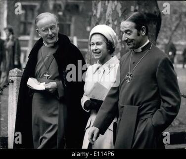Nov. 11, 1975 - The Queen Attends the Opening of the General Synod of the Church of England. H.M. The Queen today attended the opening ceremony of the General Synod of the Church of England at Church House, Westminster. Photo Shows: H.M. The Queen accompanied by the Archbishop of Canterbury, Dr. Donald Coggan (left) and the Archbishop of York, Dr. Stuart Blance, as they walk from Westminster Abbey to Church House for the opening ceremony today. Stock Photo