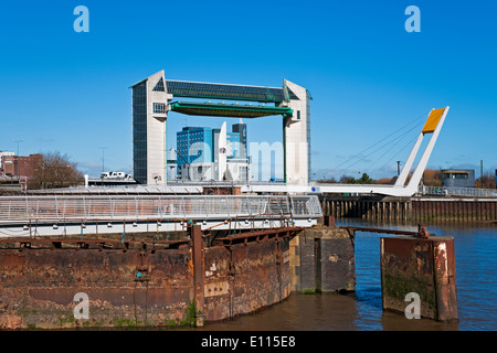 Rusting dry dock gates and the tidal surge barrier on river Kingston upon Hull East Yorkshire England UK United Kingdom GB Great Britain Stock Photo