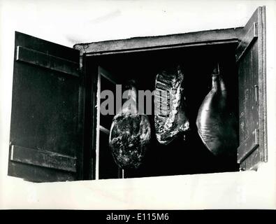 Jan. 01, 1976 - A Swiss delicacy: ham and Baon, dried at the open air: Here the famous Swiss ham and Bacon, dried at the open air are hanging in the window of a Grison farm, from which part of Switzerland this delicacy is originated. Stock Photo
