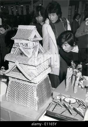 Jan. 01, 1976 - Man Gives Up Smoking to Build a Castle. Unhappy about the 50% increase on the price of cigarettes in Japan, officer worker Mitsuo Fukuda (43) used the stock of cigarettes he had bought before the tax was imposed to build a model of Kumamoto castle in Kyushu, using hundreds of cigarettes he intended to smoke, and the empty packets. Photo: The famous Kumamoto Castle of Kyushu Province in Japan built with cigarettes and empty packets on exhibition at the Papercraft Show in Shinjuku, Tokyo. Stock Photo