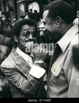 Oct. 10, 1976 - Sammy's Back for a Season at the Palladium: Fifty -Year-Old Sammy Davis Jnr.opens on Monday night with a Gala Performance in aid of the British Leprosy Relief Association, to be attended by Princess Alexander a Joining him on the bill will be singer Billy Eckstine and the veteran tap dancing Nicholas Brothers. it is nearly ten years since Sammy last performed at the Palladium, in Golden Boy. Photo Shows Sammy Davis Jnr.Baises his fist to his Conductor George Rodes, but its all in good fun. Stock Photo