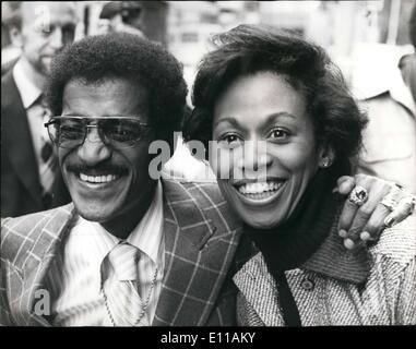 Oct. 10, 1976 - Sammy's Back for a season at the Palladium: Fifty-year-old Sammy Davis Jnr. opens on Monday night with a gala performance in aid of the British Leprosy Relief Association, to be attended by Princess Alexandra Joining him on the bill will be singer Billy Eckstine and the veteran tap dancing Nicholas Brothers. It is nearly ten years since Sammy last performed at the Palladium, in Golden Boy. Photo shows : Sammy Davis Jnr. pictured in London last night with his 30-year-old wife Altovise. Stock Photo