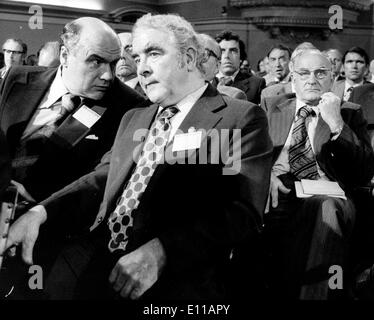 Jun 16, 1976 - London, England, UK - (File Photo) LAWRENCE DALY is a former coal miner and trade unionist. He was General Secretary of the National Union of Mineworkers in Britain from 1968Ð1984. PICTURED: LAWRENCE DALY, left, with Union of Mineworkers President JOE GORMLEY, center, and HUGH SCANLON, right, leader of the Engineering and Fastener Trade Union. Stock Photo