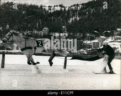 Feb. 02, 1977 - Micture of Horses-race and Ski-race: As every year this weekend at the famous swiss winter-sport place St. Moritz The was again the Ski- ''Joring''- competition, at what the ski- runners are drawn by horses. It's a well-known sport at St. Moritz and is atmired every year by many guests from Switzerland and abroad. Stock Photo