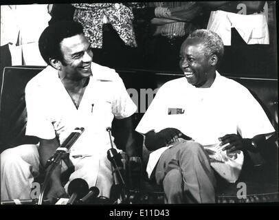 Feb. 02, 1977 - Daressalaam Tanzania: President Julius Nyerere of Tanzania shares a joke with Andrew Young, the UN Ambassador to the United Nations. Credits: Camerapix Stock Photo