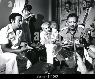 May 05, 1977 - Khartoum: Sudan. President Gaafar Mohammed Nimeri holds press conference after his meeting with United States Ambassador to UN Mr. Andrew Young(left). Nimeri said ''Sudan no longer needed Soviet Military experts. And added Sudan is now seeking arms from Western nations including the United States of America. Credits: Camerapix Stock Photo