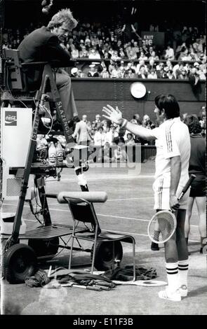 Jul. 07, 1977 - Nastase in Tennis Uproar: Fiery tennis star Ilie Nastase crashed out of the Wimbledon Championships yesterday after the ugliest scene ever witnessed in the history of the tournament. He was defeated by Bjorn Borg in straight sets. His cursing, raging swearing, made Umpire Shales label his behaviour was atrocious. Photo shows Ilie Nastase conducts an acrimonious debate with the Umpire Shales during his match against Borg on the centre Court at Wimbledon yesterday, Borg won 6-0,8-6, 6-3. Stock Photo