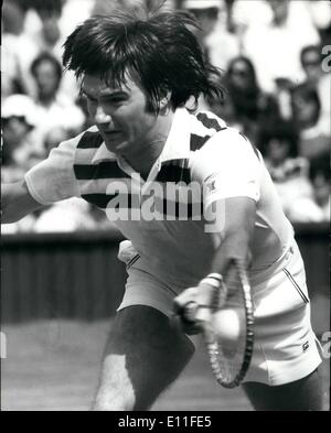 Jul. 07, 1977 - Bjorn Borg and Kimmy Connors in the Final of the Mens Singles as Wimbledon In the mens singles final at Wimbledon tomorrow it will be between Bjorn Borg of Sweden the title holder and Jimmy Connors Of America. Stock Photo