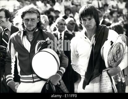 Jul. 07, 1977 - BJORN BORG RETAING HIS WIMBLEDON TITLE. BJORN BORG of Sweden retained his Men's Singles title at Wimbledon today, when he beat JIMMY CONNORS of American, after five sets of hard tennis, 3-6, 6-2, 6-1, 5-7, 6-4. KEYSTONE PHOTO SHOWS:- Victor and Vanquished BJORN BORG (left) and JIMMY CONNORS, leave the court after their treatments match. Stock Photo