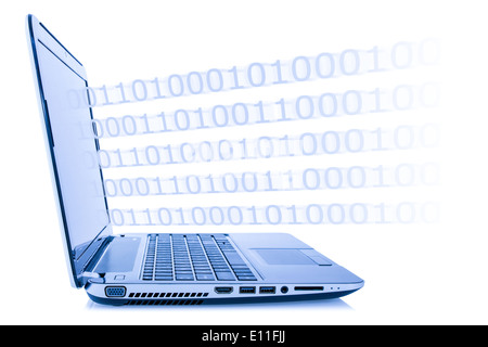 Computer technology concept. Program code coming out from laptop, isolated on white background Stock Photo