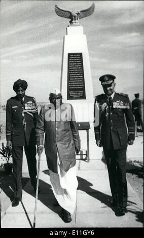 Dec. 12, 1977 - Union Defence Minister Mr. Jagjivan Ram seen with Chief of Air Staff, Air Chief Marshal, , Moolgavkar, soon after unveiling ''Vijay Sthambh'' the Monument of Victory at Jaisalmar (To commemorate the battle of Longewala, bordering Pakistan during Indo-Pak war, on 6th December 1971 on Tuesday. Photo shows Pana-India. Stock Photo