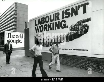 Aug. 08, 1978 - Conservative Poster Upsets Labour The Conservative poster ''Labour Isn't Working'' thought up by the two brothers Morris and Charles Saatchi, has infuriated the Prime Minister Jim Callaghan and the Chancellor Denis Healey. The Chancellor, in a speech accused the Tories of hiring the advertising agency Saatchi and Saatchi, to ''sell Mrs. Thatcher as if she was a soap powder:. The Labour also accused the Tories of spending about two million on pre-election advertising. Stock Photo