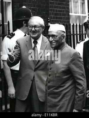 Jun. 06, 1978 - June 6th 1978 Indian Prime Minister arrives in London. Mr. Morarji Desai, the Prime Minister of India arrived in London today for talks with the British Prime Minister Mr. James Callaghan. Photo Shows: Prime Minister Callaghan greets Prime Minister Desai when he arrived at No. 10 Downing St. for talks this afternoon. Stock Photo