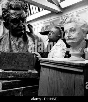 Jun 15, 1979; Moravia, Czech Republic; Academic sculptor Professor Milos Axman, Czechoslovak artist of Merit, has completed a bust of Leos Janacek (1854-1928). The bust of this Czech composer, a world-renowned pioneer of modern music, is designed for the foyer of the Leos Janacek Theatre in Brno, southern Moravia. The bust will be unveiled at the opening of the 'Janacek Brno' summer festival, in Brno from June 24th to July 2nd. The picture shows Professor MILOS AXMAN working on the bust of Leos Jancek in his Brno studio. Stock Photo