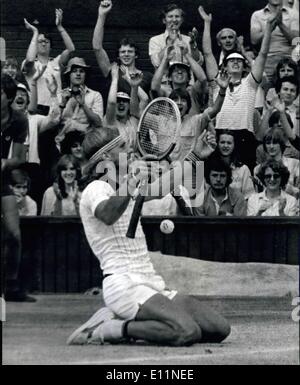 Jul. 07, 1979 - Bjorn Borg Wins Wimbledon For The Fourth Time In A Row: Today on the Centre Court at Wimbledon, Bjorn Borg of Sweden, won the Men's Singles Title for the fourth successive year when he beat the American Roscoe Tanner in five sets. Photo shows Borg falls to his knees with his arms in the air after beating Roscoe Tanner. Stock Photo