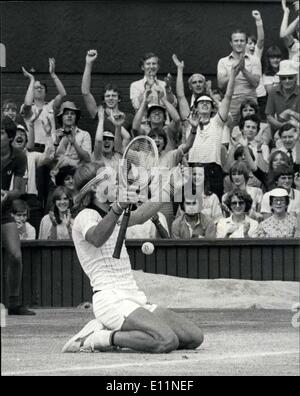 Jul. 07, 1979 - Bjorn Borg wins his Fourth seccessive Wimbledon title beating Roscoe Tanner in five sets: Today of the Centre Court at Wimbledon Bjorn Borg of Sweden won the Men's Singles title for the fourth Seccessive time when he beat the American Roscoe Tanner in five sets. Photo shows Borg falls to the ground with his arms in the air hiting the winning shot. Stock Photo