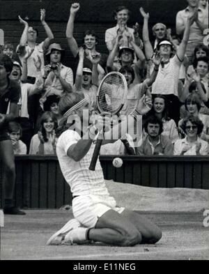 Jul. 07, 1979 - Bjorn Borg wins Wimbledon for the fourth time in a row: Today of the Centre Court at Wimbledon Bjorn Borg of Sweden won the Men's Singles title for the fourth Seccessive time when he beat the American Roscoe Tanner in five sets. Photo shows Borg falls to his knees with his arms in the air after beating Roscoe Tanner. Stock Photo