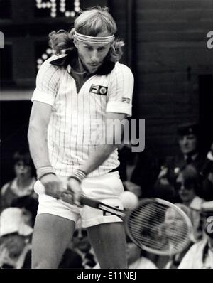 Jul. 07, 1979 - BJORN BORG WINS HIS FOURTH SECCESSIVE WIMBLEDON TITLE BEATING ROSCOE TANNER IN FIVE SETS. Today of the Centre Court at Wimbledon BJORN BORG of Sweden won the Men's Singles title for the fourth Seccessive time when he beat the American ROSCOE TANNER in five sets. PHOTO SHOWS: BJORN BORG seen in action against Roscoe tanner on the centre court. Stock Photo