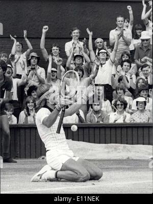 Jul. 07, 1979 - BJORN BORG WINS HIS FOURTH SECCESSIVE WIMBLEDON TITLE BEATING ROSCOE TANNER IN FIVE SETS. Today of the Centre Court at Wimbledon BJORN BORG of Sweden won the Men's Singles title for the fourth Seccessive time when he beat the American ROSCOE TANNER in five sets. PHOTO SHOWS: BJORN falls to the ground with his arms in the air hiting the winning shot. Stock Photo