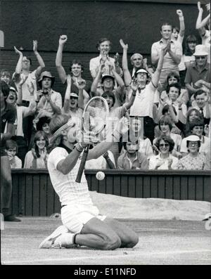 Jul. 07, 1979 - Bjorn Borg Wins his fourth Successive Wimbledon title beating Roscoe tanner in Five sets: Today of the Centre Court at Wimbledon Bjorn Borg of Sweden won the Men's singles title for the fourth successive time when he beat American Roscoe Tanner in five sets. Photo shows Borg falls to the ground with his arms in the air hitting the winning shot. Stock Photo