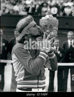 Jul. 07, 1979 - Bjorn Borg Win Wimbledon For the Fourth Time In A Row: Today of the Centre Court at Wimbledon Bjorn Borg of Sweden won the Men's singles title for the fourth successive time when he beat American Roscoe Tanner in five sets. Photo shows Borg kissing the trophy after his fourth win in a row. Stock Photo