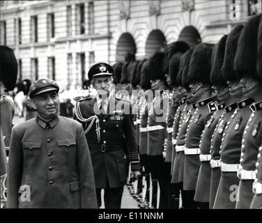 Jul. 07, 1979 - Mr. Yang Yong Deputy Chief Of general Staff Of the Chinese Army Visits ministry Of Defence: A Chinese delegation, led by Vice Chief of the General Staff, Jang Yong, the senior Chief of the People's Liberation Army, are on a 12 day visit to the united Kingdom. Photo shows. Mr. Yang Yong seen inspecting the guard of honour by the 2nd Battalion Coldstream Guards, on his arrival at the Ministry of Defence in Whitehall today. Stock Photo