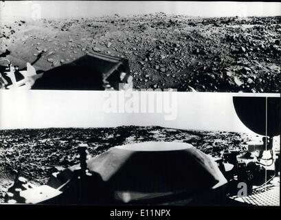 Jul. 07, 1979 - First Picture Of The Red Planet Mars: Th first panoramic view by Viking 1 from the surface of Mars Top-half They out-of-focus space craft component towards left center is the housing for the viking sample arm, which is not yet deployed: Bottom can be seen the low gain antenna from receipt of commands from Earth, The projections on or near the horizon Amy represent the rime distant impact craters. Stock Photo