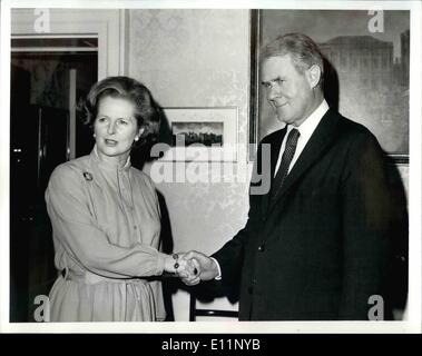 May 05, 1979 - Vance Meets Thatcher For Talks: Mr. Cyrus Vance, the U.S. Secretary of State, met for talks with out Prime Minister Mrs Margaret Thatcher today (Wed) at No. 10 Downing St. Mrs Thatcher will later on today meet the Israeli Prime Minister Mr. Begin. Photo shows Political Union a warm handshake between Mrs Thatcher and Mr. Vance. Stock Photo