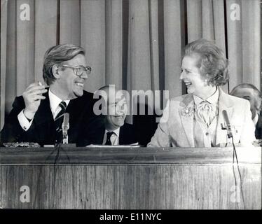 May 05, 1979 - MRS. THATCHER AND HERR SCHMIDT HOLD JOINT PRESS CONFERENCE. The Prime Minister, Mrs. Margaret Thatcher and the West German Chancellor, Herr Helmut Schmidt jointly gave a Press Conference today in the Cinema, Millbank Tower, London. The conference was held toward the end of the Chancellor's two-day visit to Britain for talks with the Prime Minister. Keystone Photo Shows:- Mrs. Margaret Thatcher and Herr Schmidt - pictured at today's Press Conference. Stock Photo