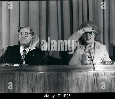 May 05, 1979 - Mrs. Thatcher and Herr Schmidt Hold Joint press Conference. Th prime minister, Mrs. Margaret Thatcher and the west German Chancellor, Herr Helmut Schmidt jointly gave a press conference today in the cinema, Millbank tower, London. The conference was held toward the end of the chancellors two day visit to Britain for talks with the prime minster. photo shows Looking and listenign Mrs. Margaret Thatcher and Herr Schmidt -during today's press conference. Stock Photo