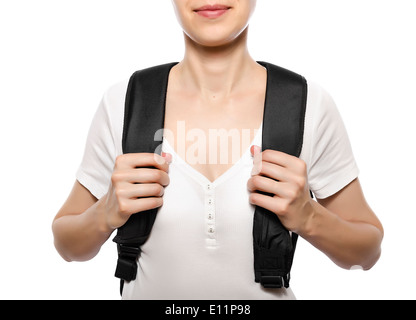 Young female tourist with backpack isolated on white Stock Photo