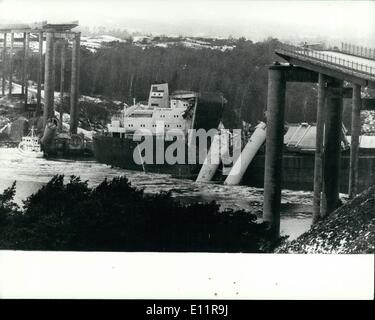 Jan. 01, 1980 - 10 die as ship hit bridge in Sweden: At least 10 people died when the 27.000 ton ''Star Clipper'' was in collision with a road bridge near Gothenburg,Sweden. The bridge connected the islands of Tjorn and Orus, six cars and two trucks drove over the bridge into the sea at the time of the collision. Photo shows Part of the bridge structure seen on the deck of the ship after the collision/ Stock Photo