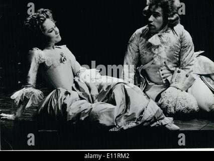 Jan. 01, 1980 - Paul Scofield in Amadeus at the Oliver Theater: The National Theater production of Peter Shaffer's new play Amadeus at the Oliver Theater, South Bank, London. Directed by Peter Hall with design and lighting by John Bury, music by Mosart and Salieri. Photo shows two of the cat Felicity Kendal ( Constance Weber) ans Simon Callow ( Wolfgang Amadeus Mosart) Stock Photo