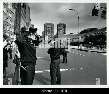 Oct. 10, 1979 - Evacuation of United Nations buildings; For the first time evacuation was ordered because a suspicious plane was circling the UN area. Photo Shows Police and UN Guardsmen checking the grounds and the sky. Stock Photo